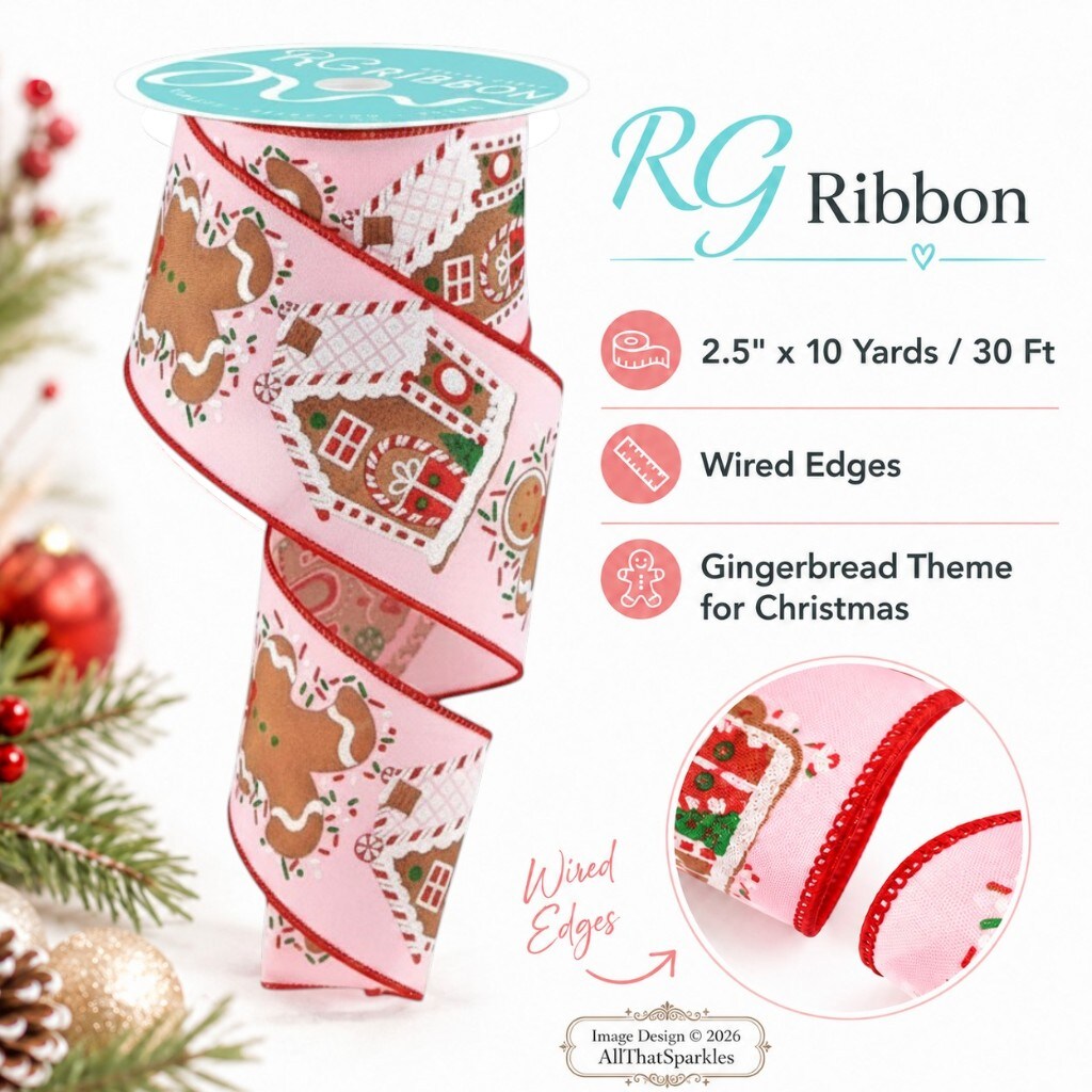 Pink Gingerbread Wired Ribbon - 2.5" x 10 Yards for Christmas Bows, Wreaths, and Crafts - RG Ribbon
