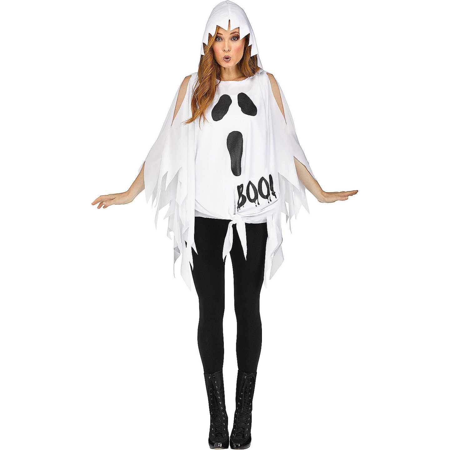 Ghost Print Adult Poncho Halloween Costume White Jagged Hooded Outfit