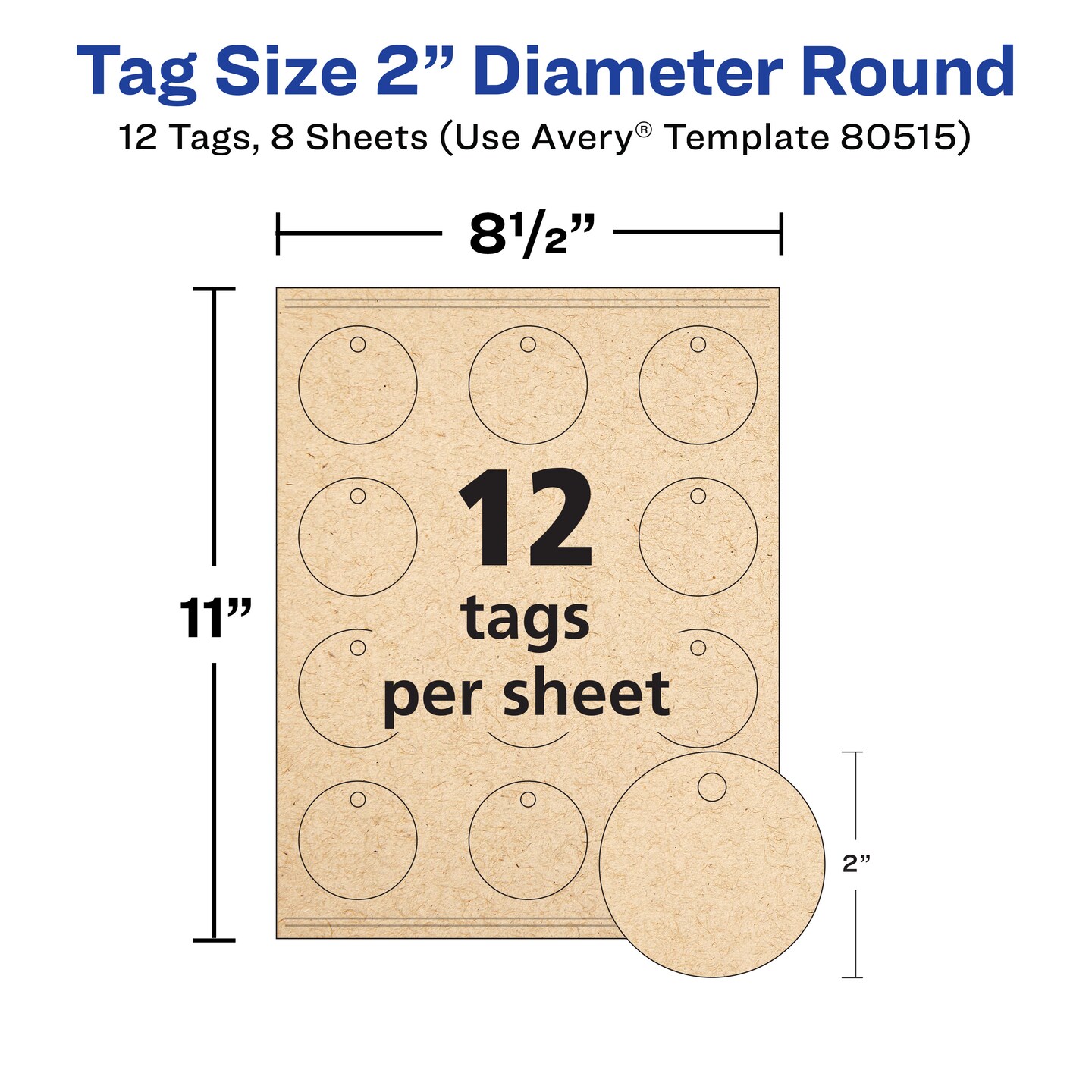 Avery Kraft Brown Round Tags with Sure Feed Technology, 2&#x22; Diameter, Laser/Inkjet, 96 Printable Tags with Strings Included, Also Great for Gift Tags and Favor Tags (80515)