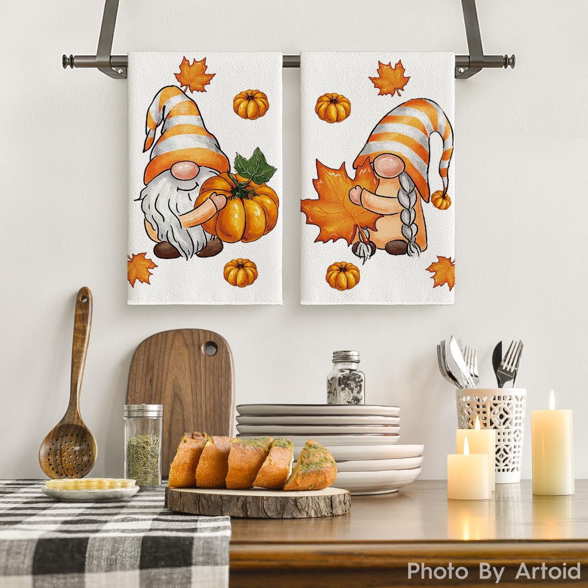 Maple Leaves Gnomes Pumpkin Fall Kitchen Towels Dish Towels(Beige)