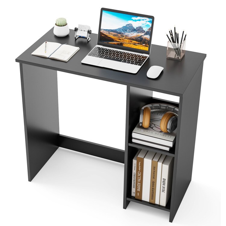 31.5 Inch Modern Black Wooden Laptop Desk with 2-Tier Storage Shelf for Small Home Office