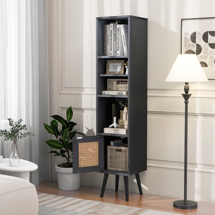 Black Wood and Rattan Floor Cabinet with Adjustable Shelf and Anti-Tip Kits