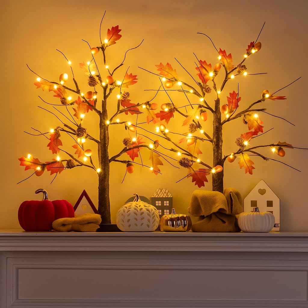 2 Pack Lighted Fall Trees Centerpiece - 24 Inch (Battery Operated)