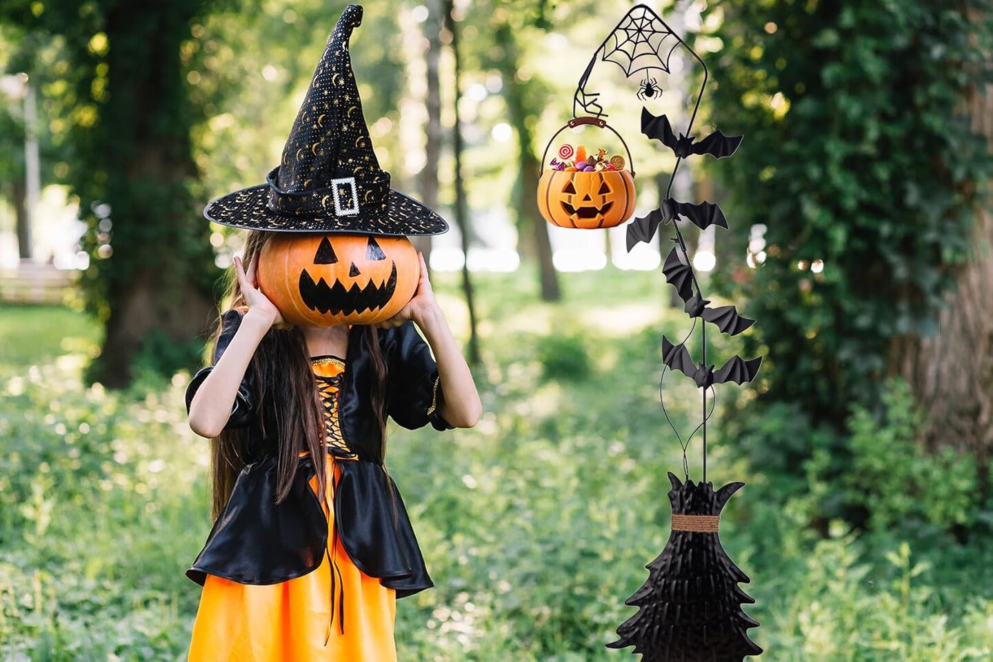 Halloween Witch Broom with Bats, Spider Web & Candy Holder Halloween Decoration