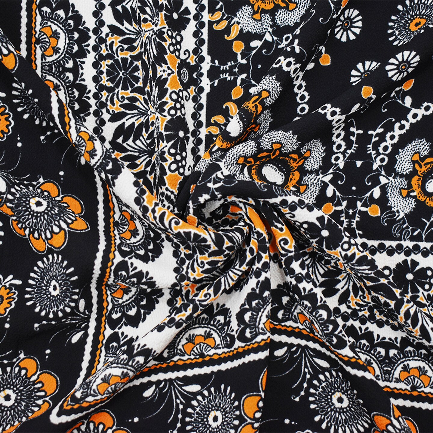 Black-Yellow-Ivory Poly Bandana Printed Pebble Crepe Woven Fabric By the Yard