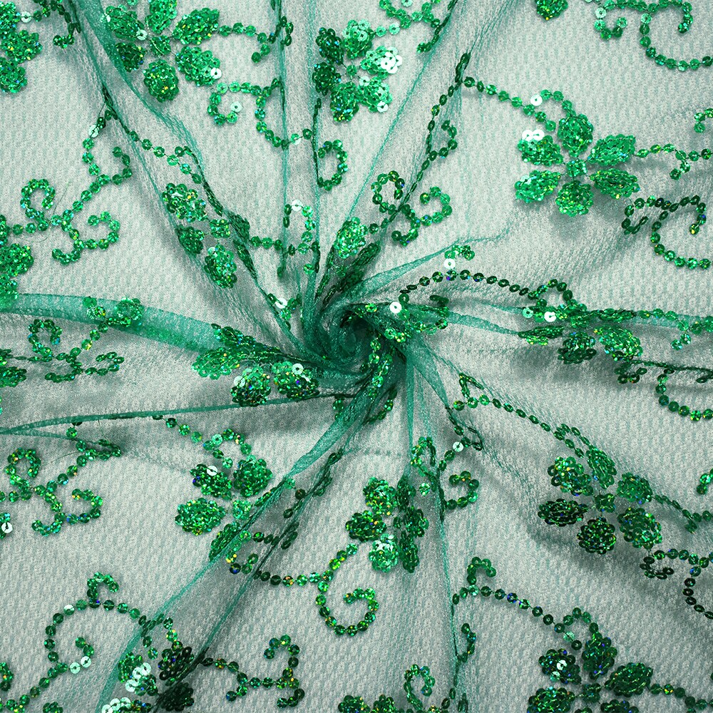 Green Nylon Embroidered Floral Sequin Scallop Tulle Mesh Fabric By the Yard