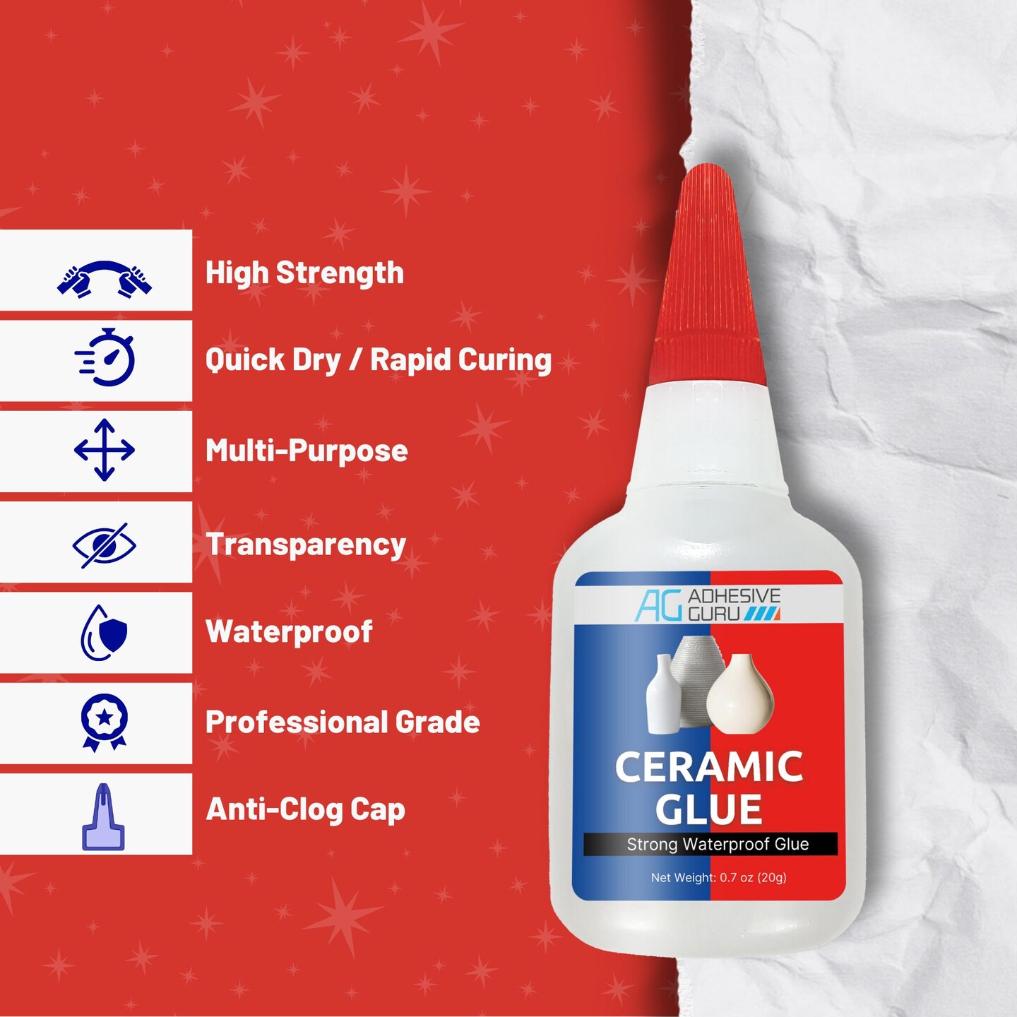 ADHESIVE GURU Ceramic Repair Kit, AG Ceramic Glue 0.7 oz. &#x26; Activator Spray 3.38 fl oz. Set, Fast-Drying Adhesive Set for Porcelain, Pottery, Crafts