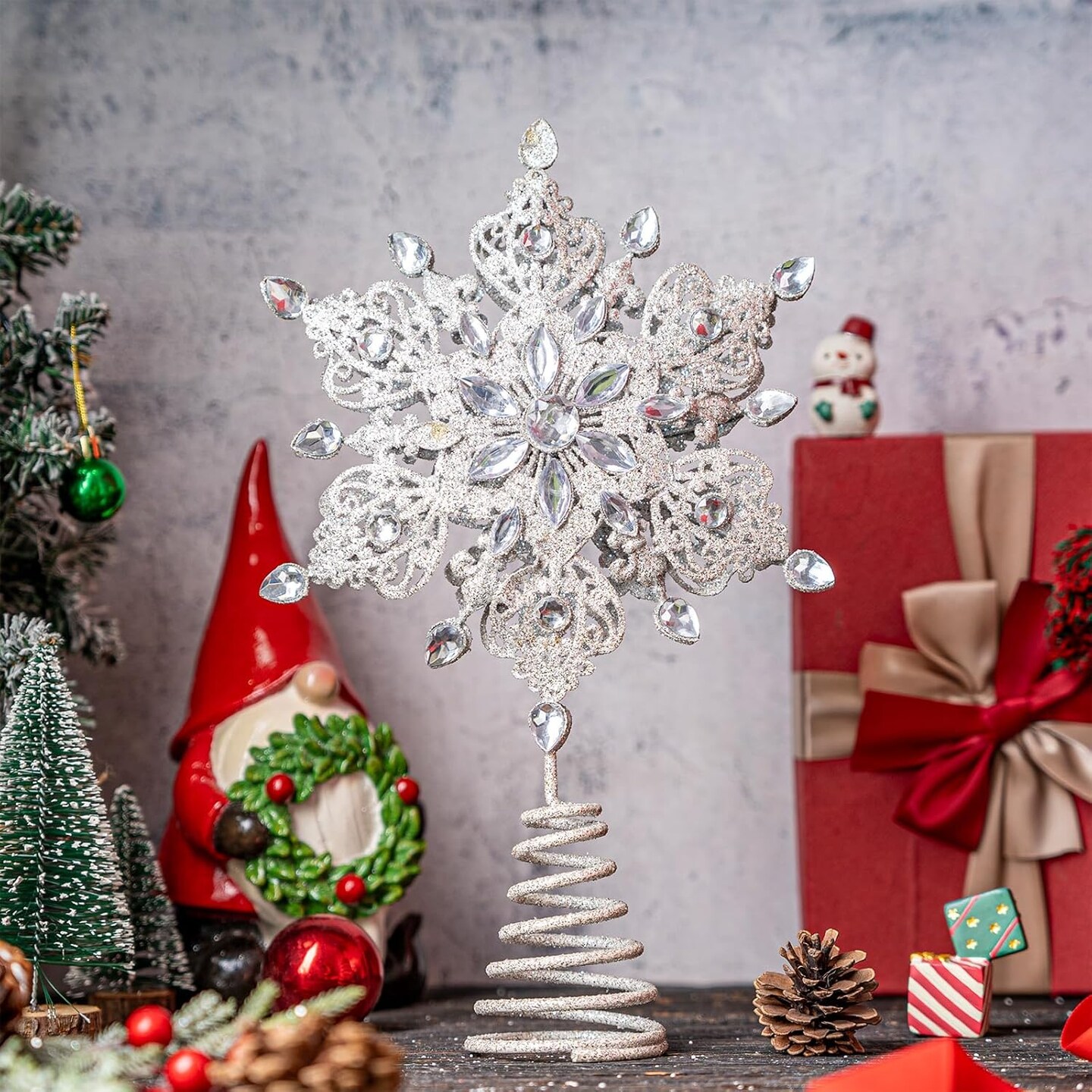 Tree Topper Metal Silver Star Snowflake Treetop (Kali) 9"L x 2.5"W x 14"H