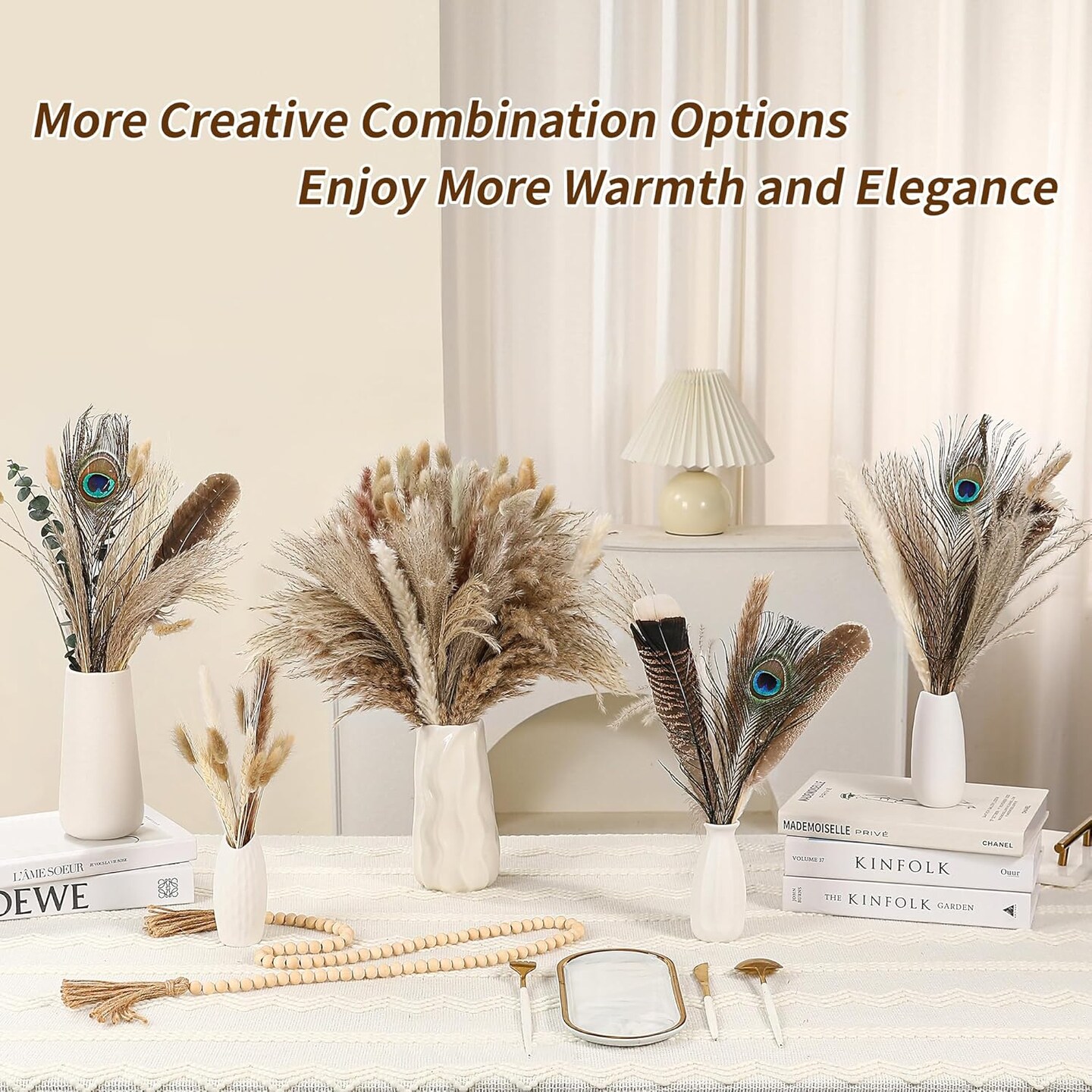 2-in-1 Pampas Grass Decor - 100pcs Dried Pampas Grass with Natural Feathers Boho Flowers Arrangement for Vase,Home Wedding Party Centerpiece and Rustic Farmhouse Decor