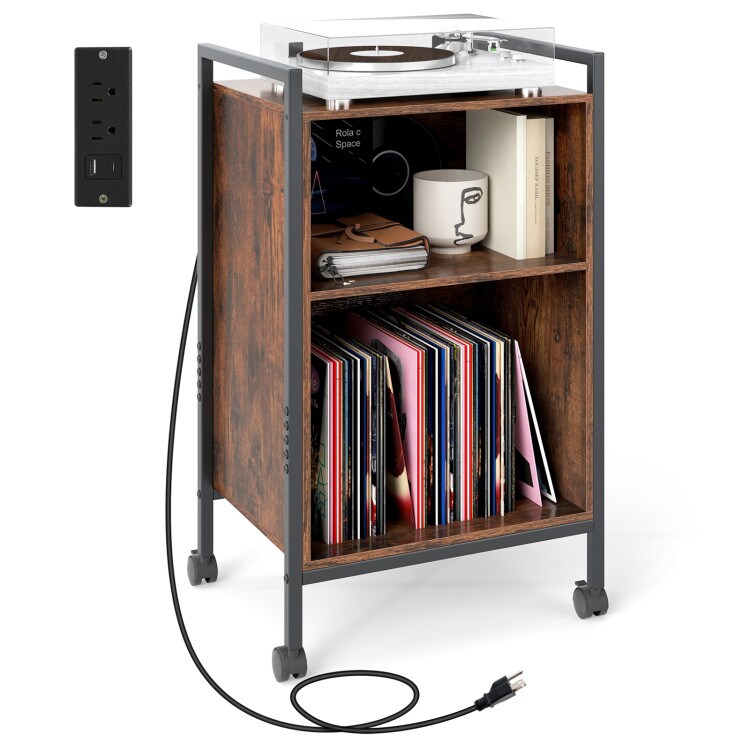 Rustic Brown-Black Metal 3-Tier Vinyl Record Stand with Power and Wheels