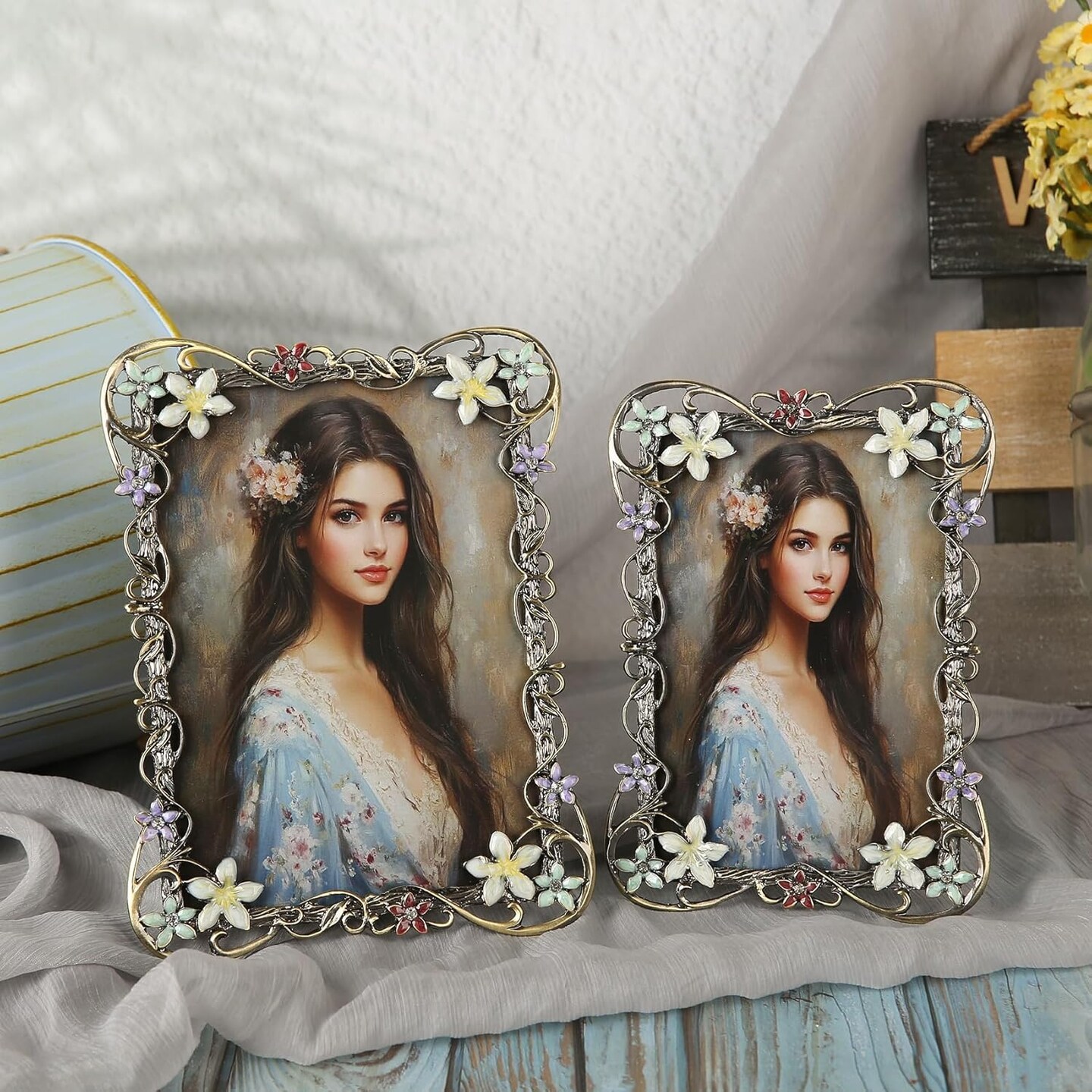 5x7 Vintage Flower Picture Frame Antique Metal Enamel Colorful Floral Photo Frame(Tree vine flower)8.5"L x 6.5"W