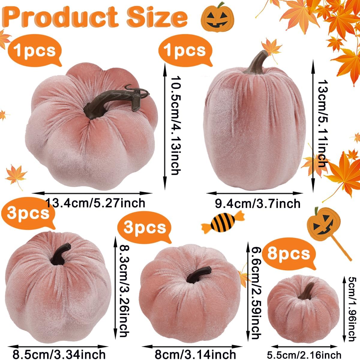 16Pcs Pink Fake Foam Pumpkins Decorating Velvet Fabric Pumpkin