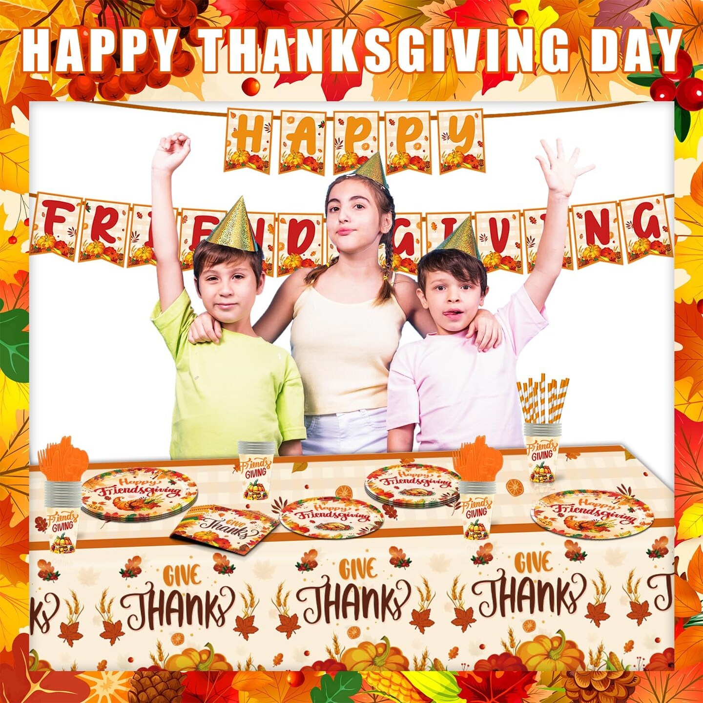 Thanksgiving Party Tableware Set - Plates, Tablecloth, Garland Banner, Cutlery - Serves 25 Guests