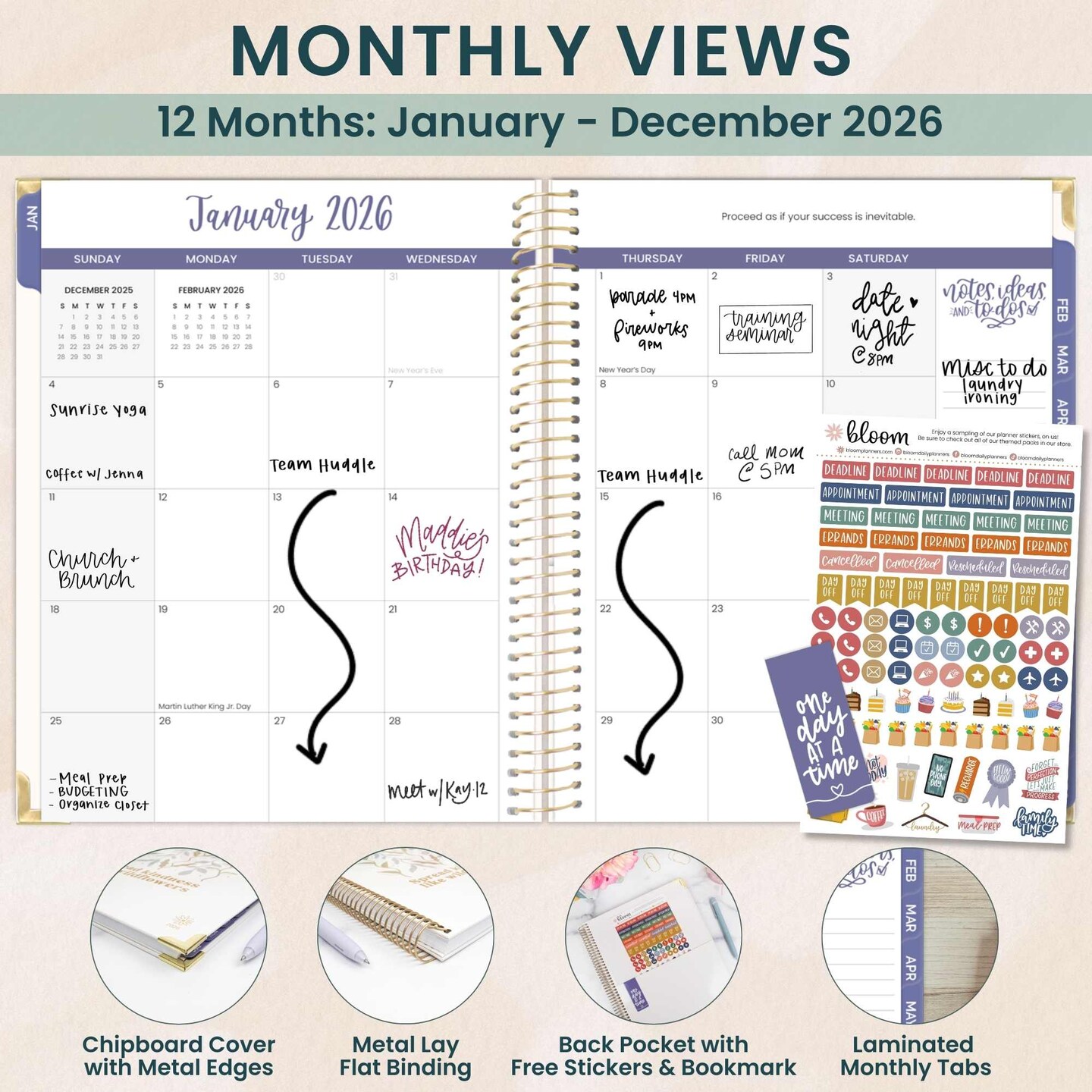 bloom daily planners 2026 Hard Cover Weekly &#x26; Monthly Planner, 8.5&#x22; x 11&#x22;, Spread Kindness Like Wildflowers