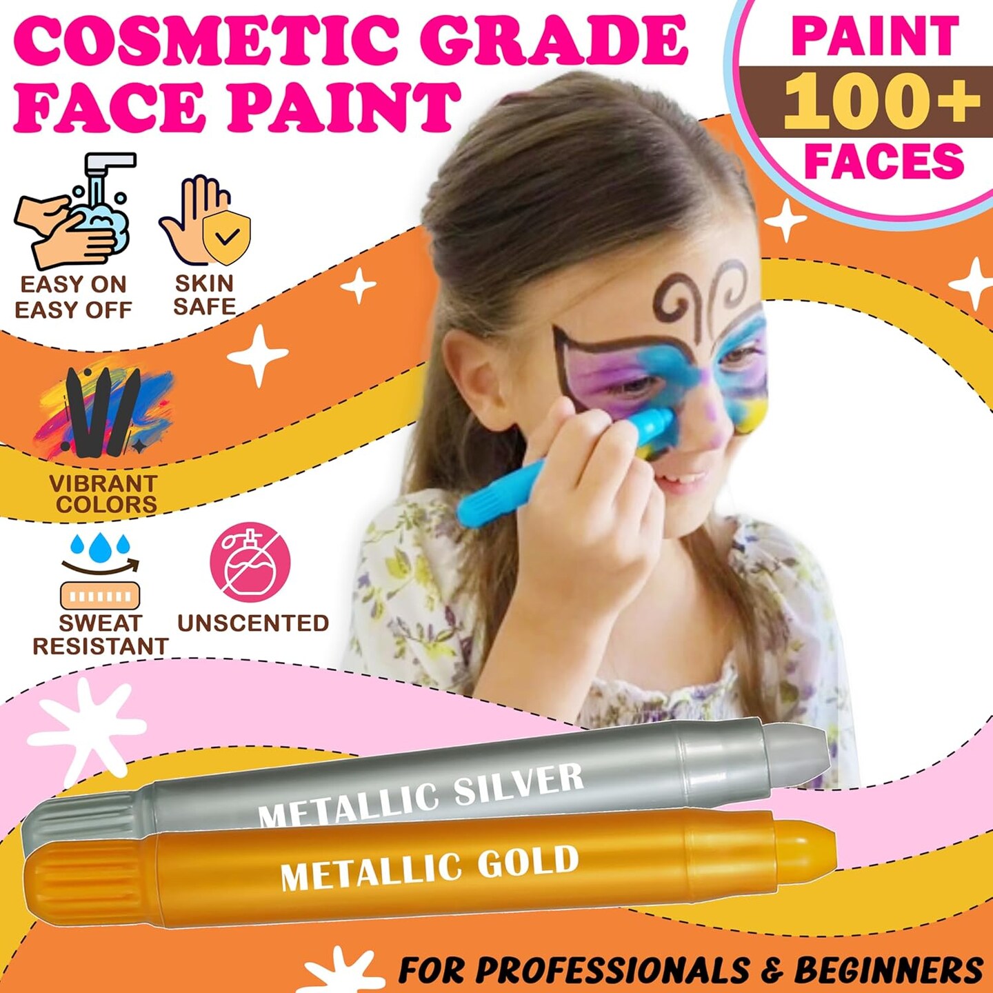 Water Based Face Paint Kit(	gold, silver, black, white, purple, pink, green, red, blue, dark blue, yellow and orange.)