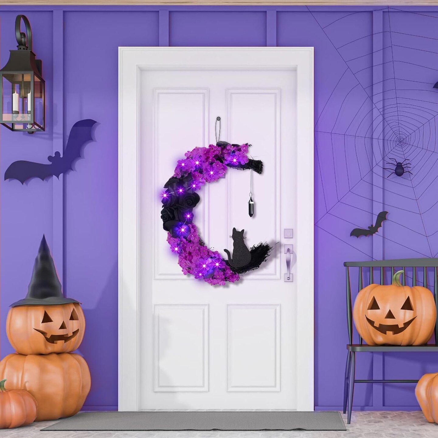Halloween Moon Cat Wreath 11.8"D x 9.8"W x 2.56"H (Black, Purple)