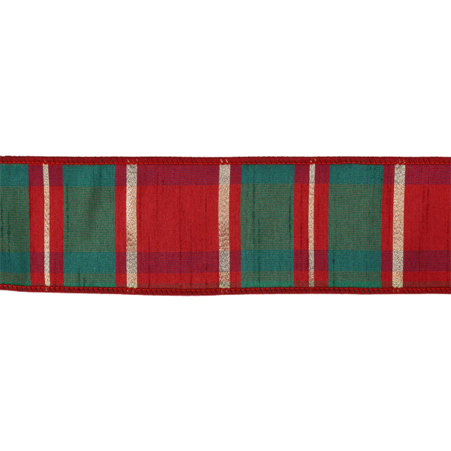 LaRibbons 4&#x22; - 2 1/2&#x22; Wired Dupioni Ribbon | Red/Green/Gold Plaid Check | 10 Yard Roll
