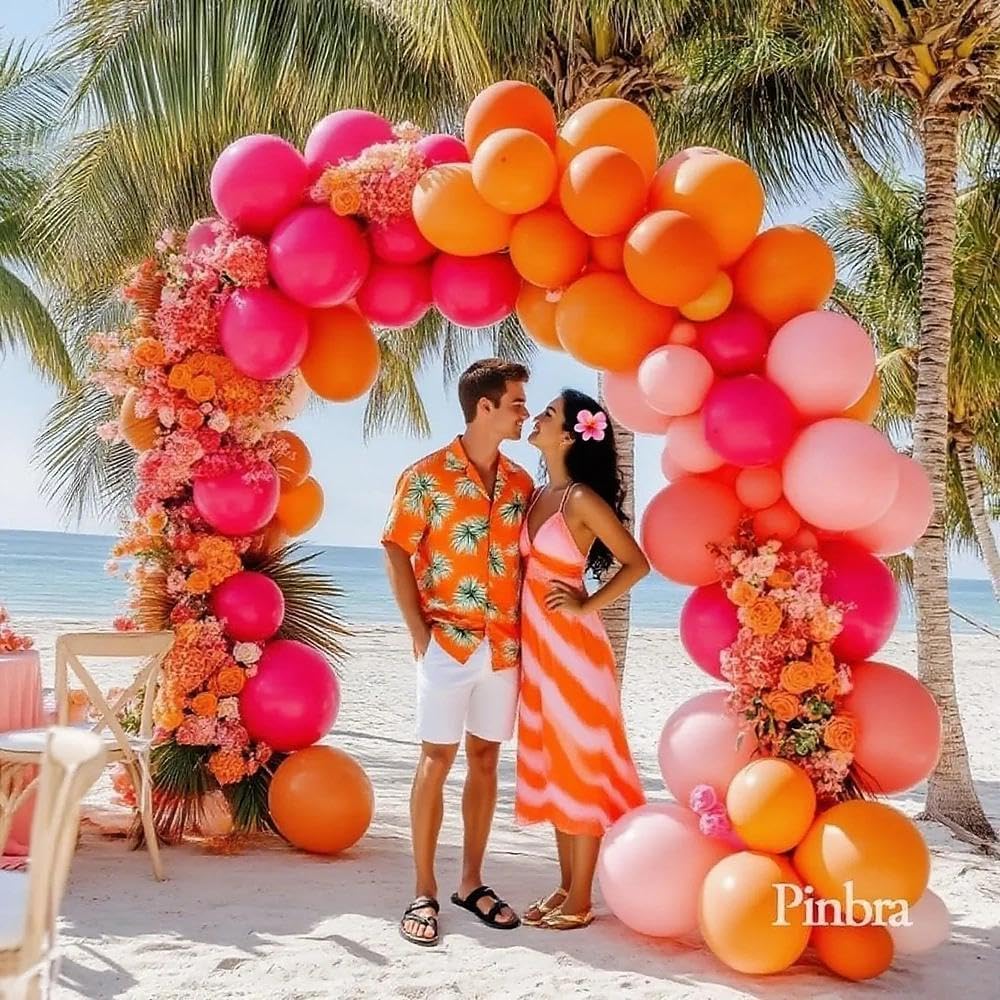 Pink Orange Balloon Garland Double Stuffed (Hot Pink Orange Metallic Gold)