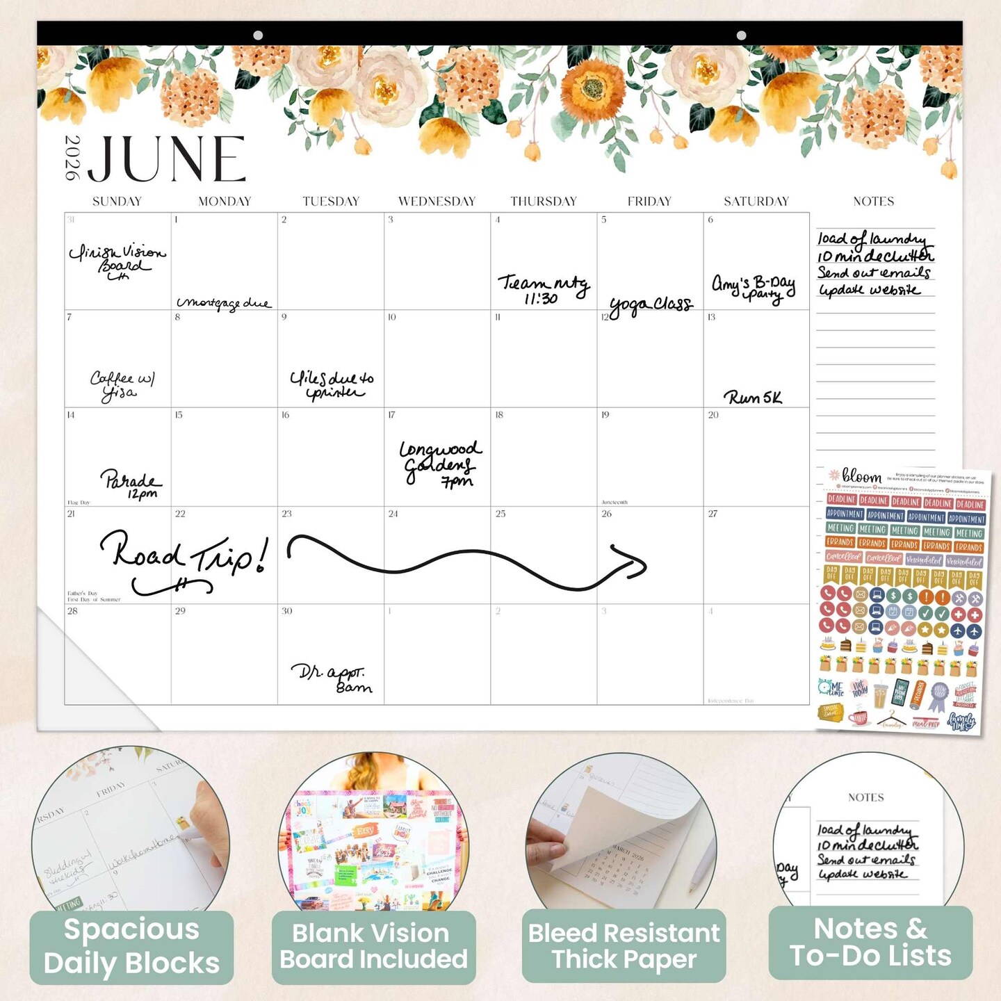 bloom daily planners 2026 Desk &#x26; Wall Calendar, 16&#x22; x 21&#x22;, Seasonal Florals