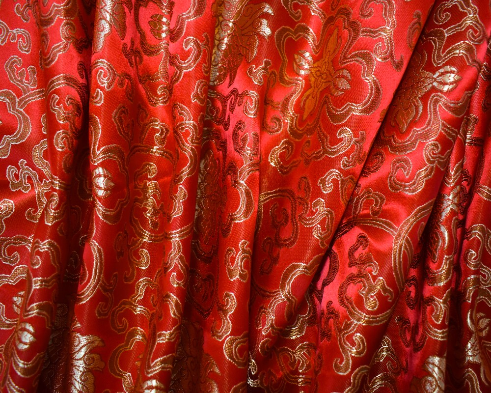 Red-Yellow-Multi Polyester Floral Crest Vine Chinese Brocade Woven Fabric By the Yard