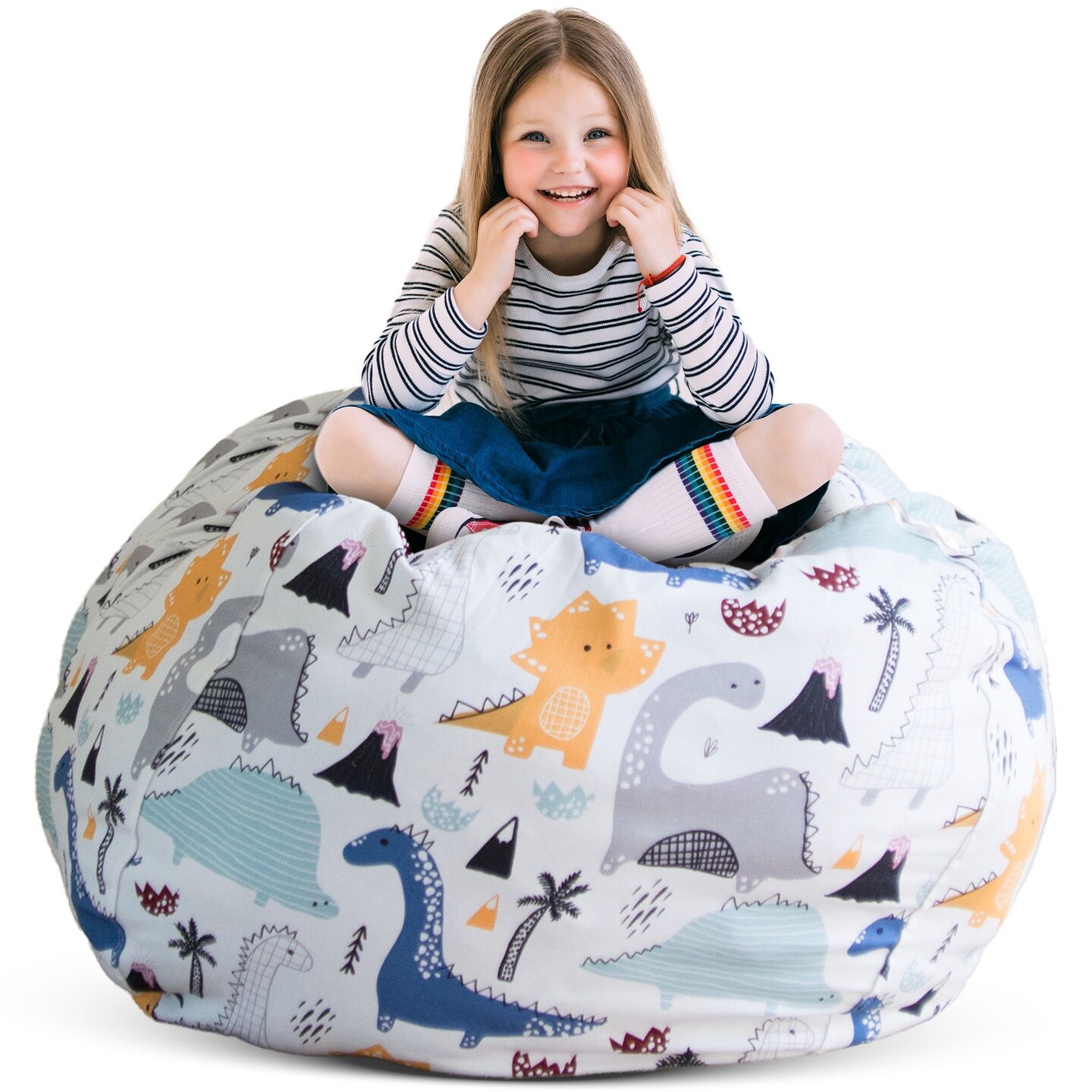 Creative QT Stuff ’n Sit Large 33’’ Bean Bag Storage Cover for Stuffed Animals & Toys, Giant Beanbag Chair for Kids Ages 3-14, Bedroom Organizer for Easter, Dinosaur
