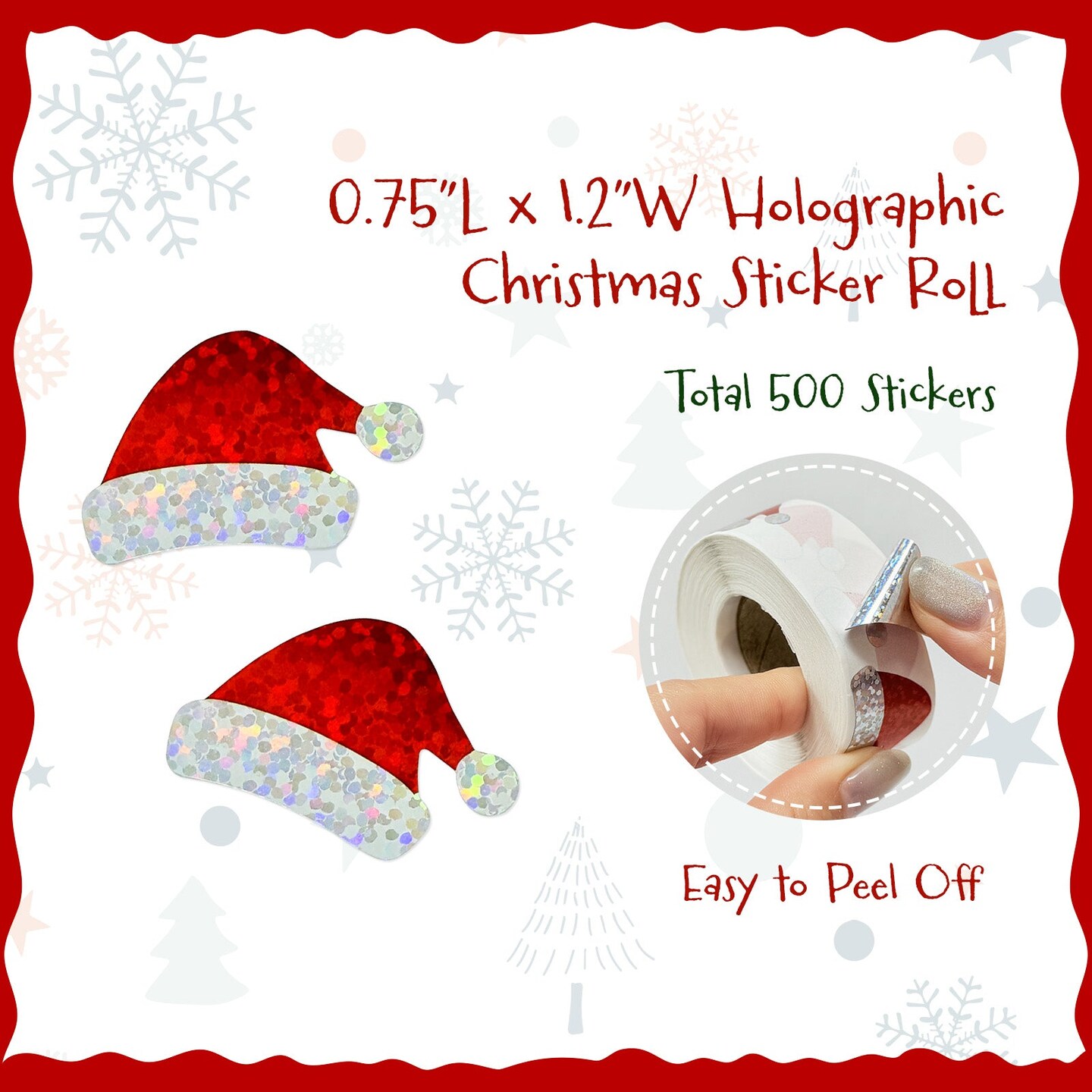 Wrapables Holographic Christmas Sticker Roll, for Sealing Envelopes, Gift Boxes, Journal, Party Decor and Supplies (500pcs), Santa Hat