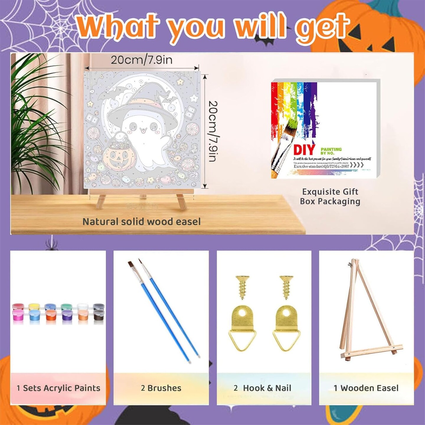 Halloween Ghost Paint by Numbers Kit with Frame and Wooden Easel - 8x8 Inch