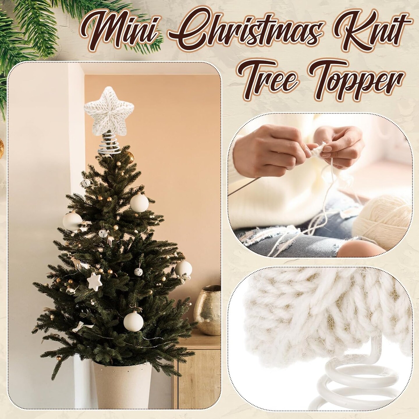 Mini Christmas Knitted Star Tree Topper Rustic Natural Knitting Star 6 Inch