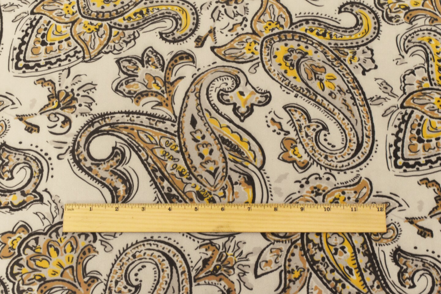 Yellow-Black-Beige Famous Designer Poly Stretch Paisley Printed Mesh Fabric By the Yard
