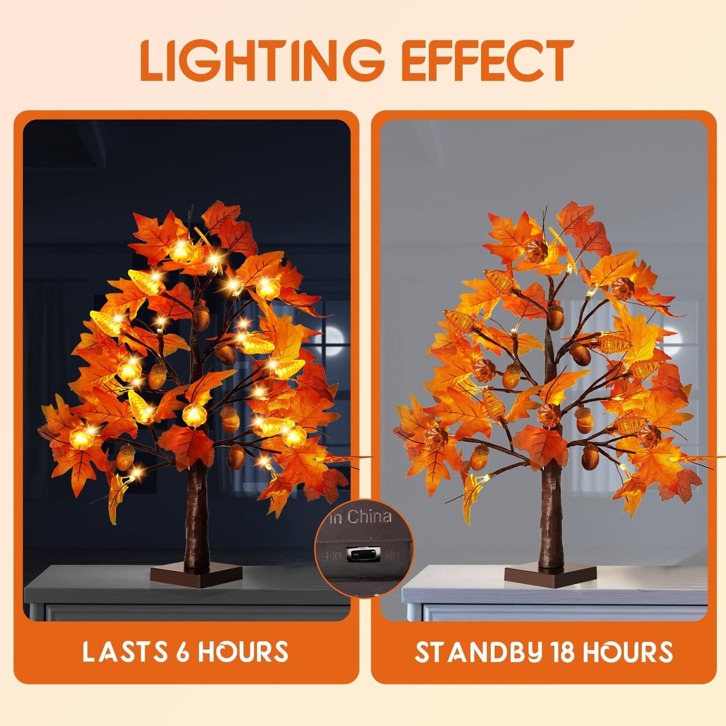 2 Pack Fall Lighted Maple Leaf Table Tree With 24 LED Lights (Orange)