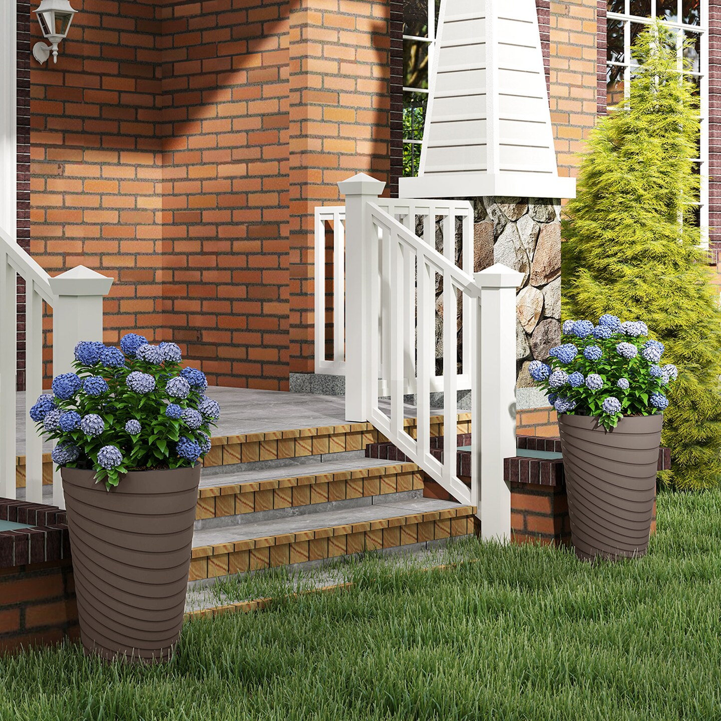 2-Piece Outdoor Plant Pots Brown Grey with Handles Detachable Inner Bucket and Good Drainage