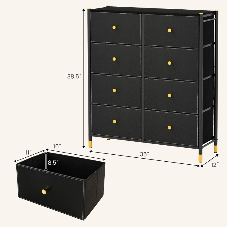 Black PU Leather Fabric Dresser with 8 Drawers and Metal Frame Storage Chest