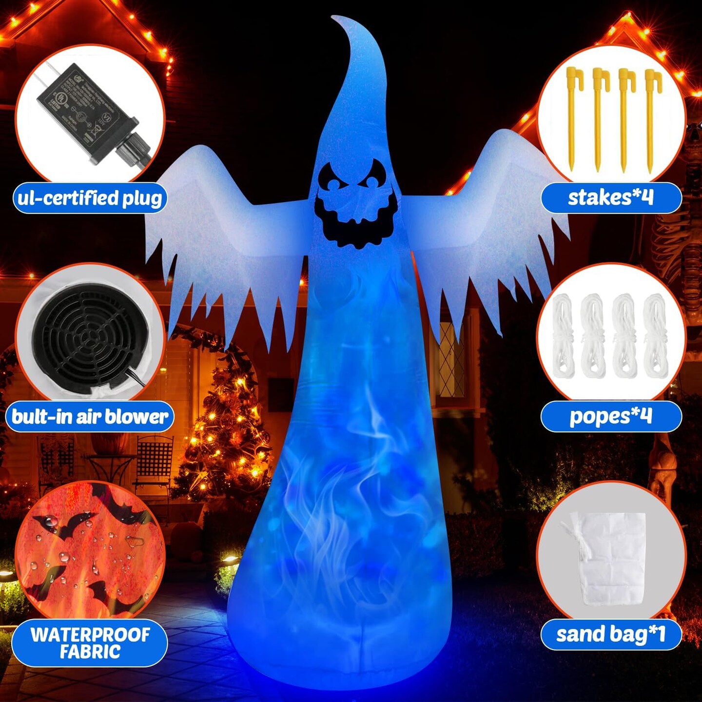 12FT Giant Halloween Inflatables Decorations Outdoor Ghost Built-in 3-Color Changing (White)