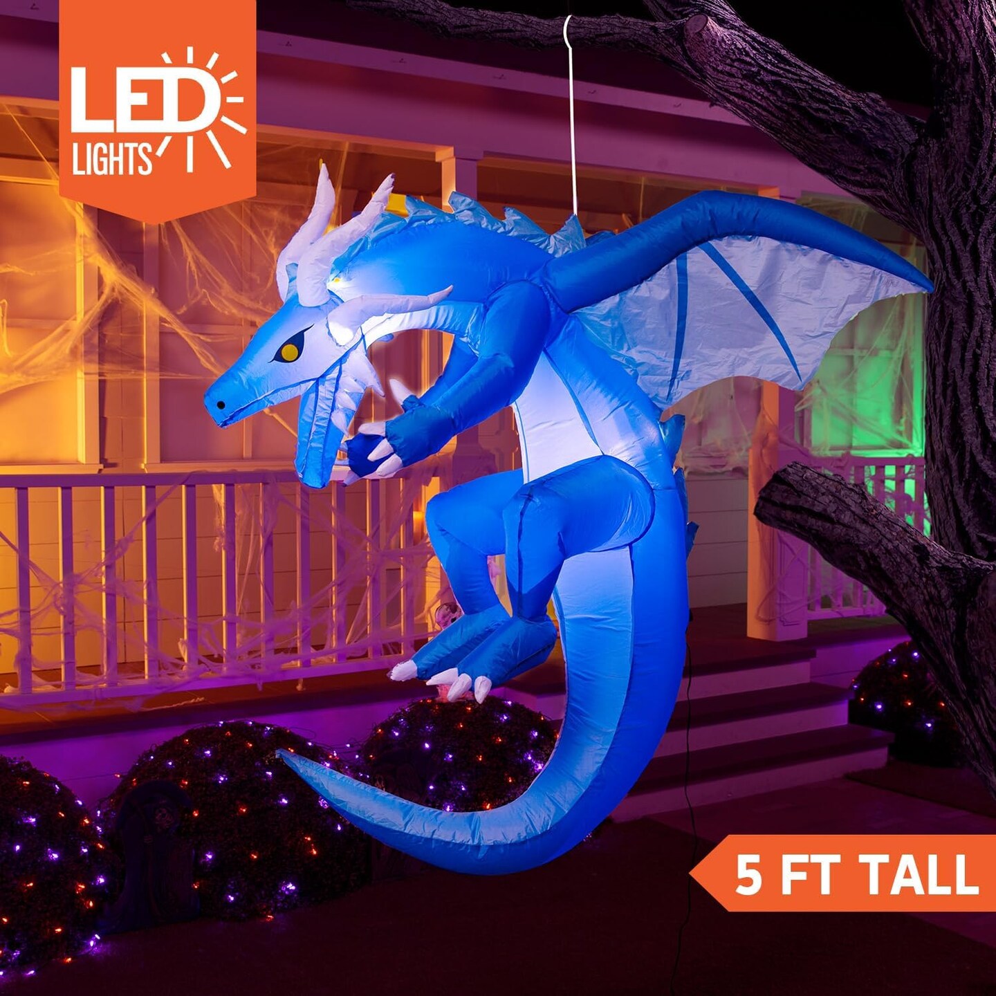 5 Ft Tall Halloween Inflatables Hanging Ice Dragon Outdoor Decorations with Build-in LEDs (Blue)