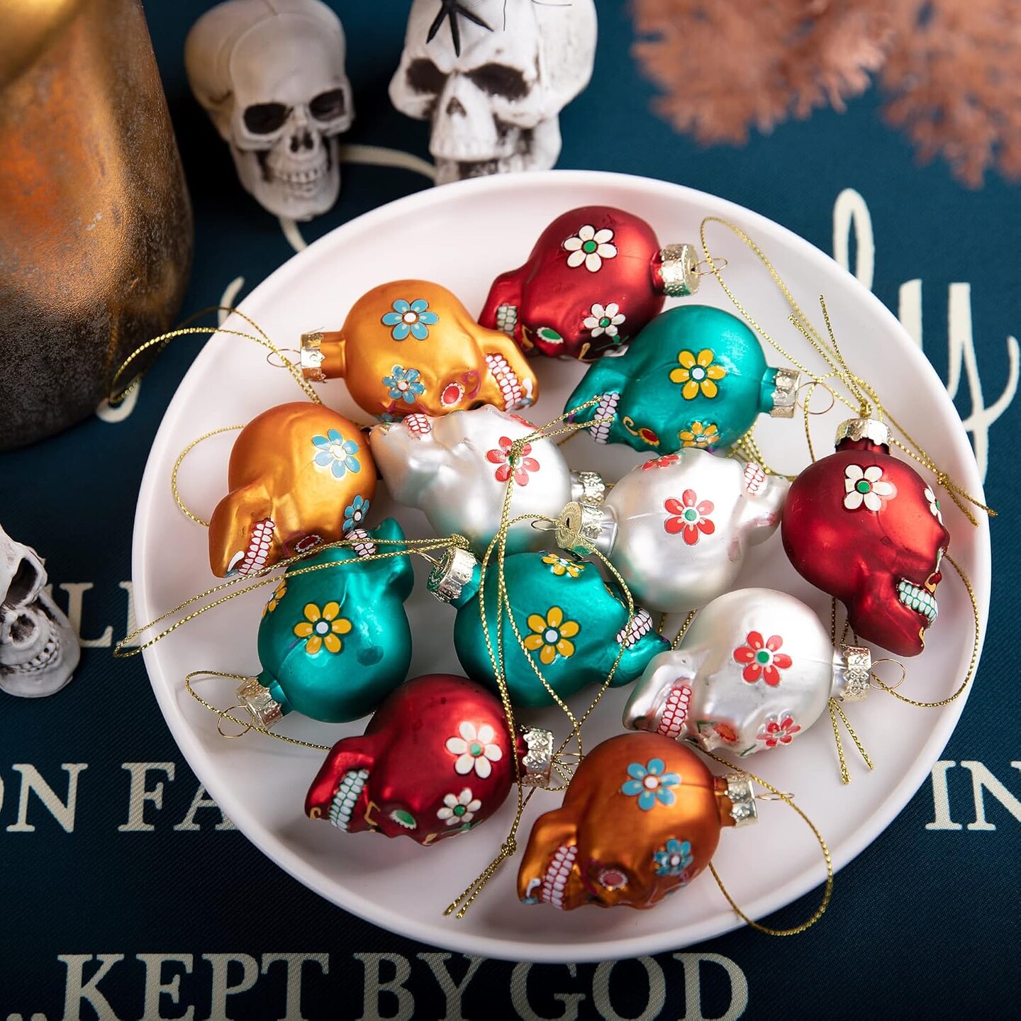 12pcs Day of The Dead Glass Sugar Skull Ornaments