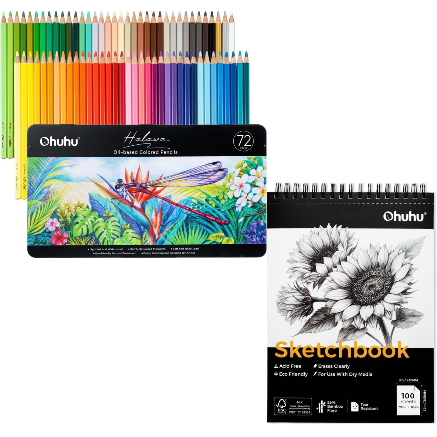 Ohuhu 72 Colored Pencil Set + 9" x 12" Sketchbook, Oil-Based Pencils & Spiral-Bound Drawing Pad for Artists, Adults & Beginners