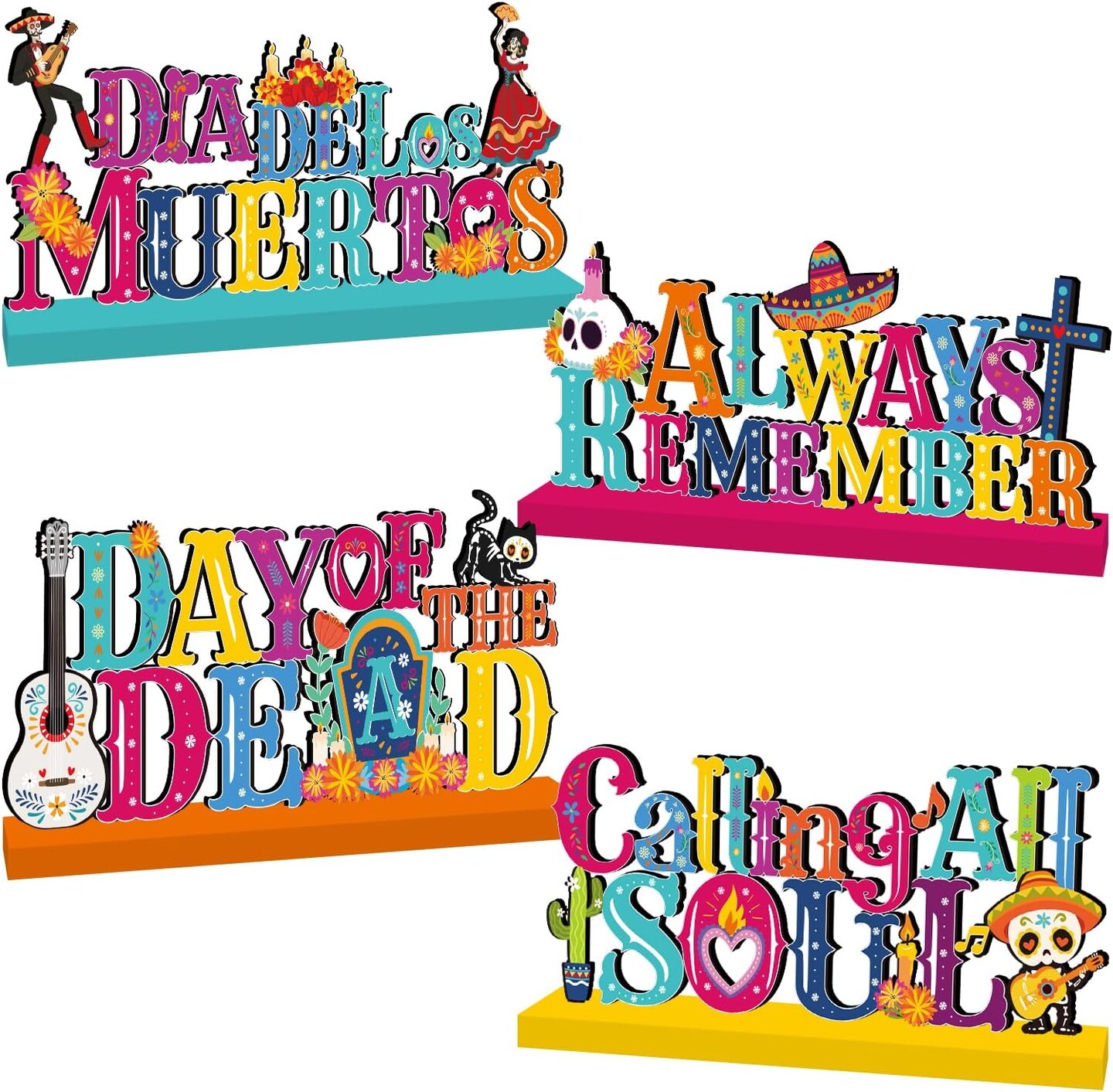 4Pcs Dia De Los Muertos Decorations Wooden Table Centerpieces Day of ...