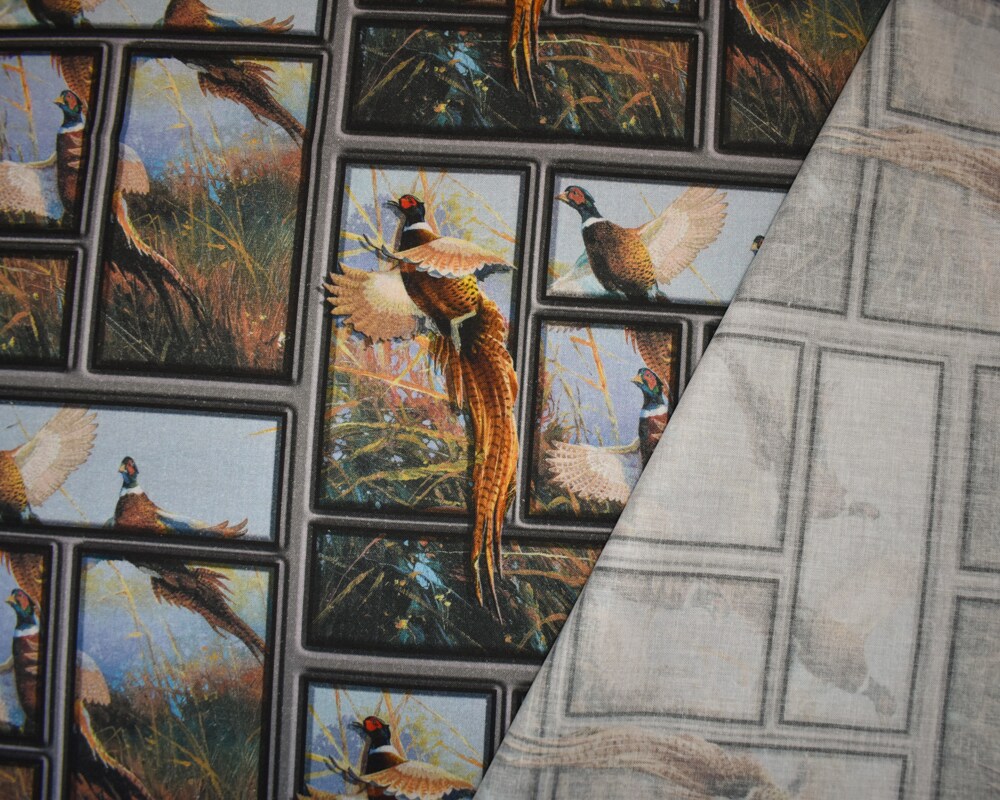 Blue-Brown-Multi Cotton Pheasant Flying High Printed Quilting Woven Fabric By the Yard