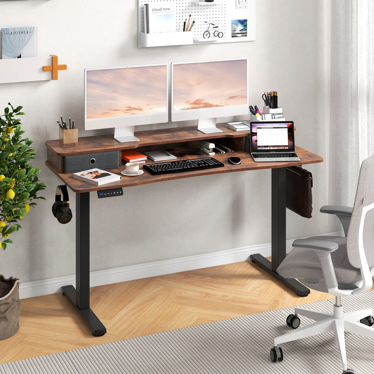 Rustic Brown Adjustable Height Electric Standing Desk with Fabric Storage Drawers and Cable Management Hole