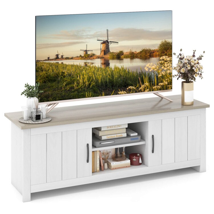 Modern TV Stand for Flat Screen TVs up to 65 Inch with Storage Cabinet and Open Shelves White and Black Engineered Wood Media Console Table