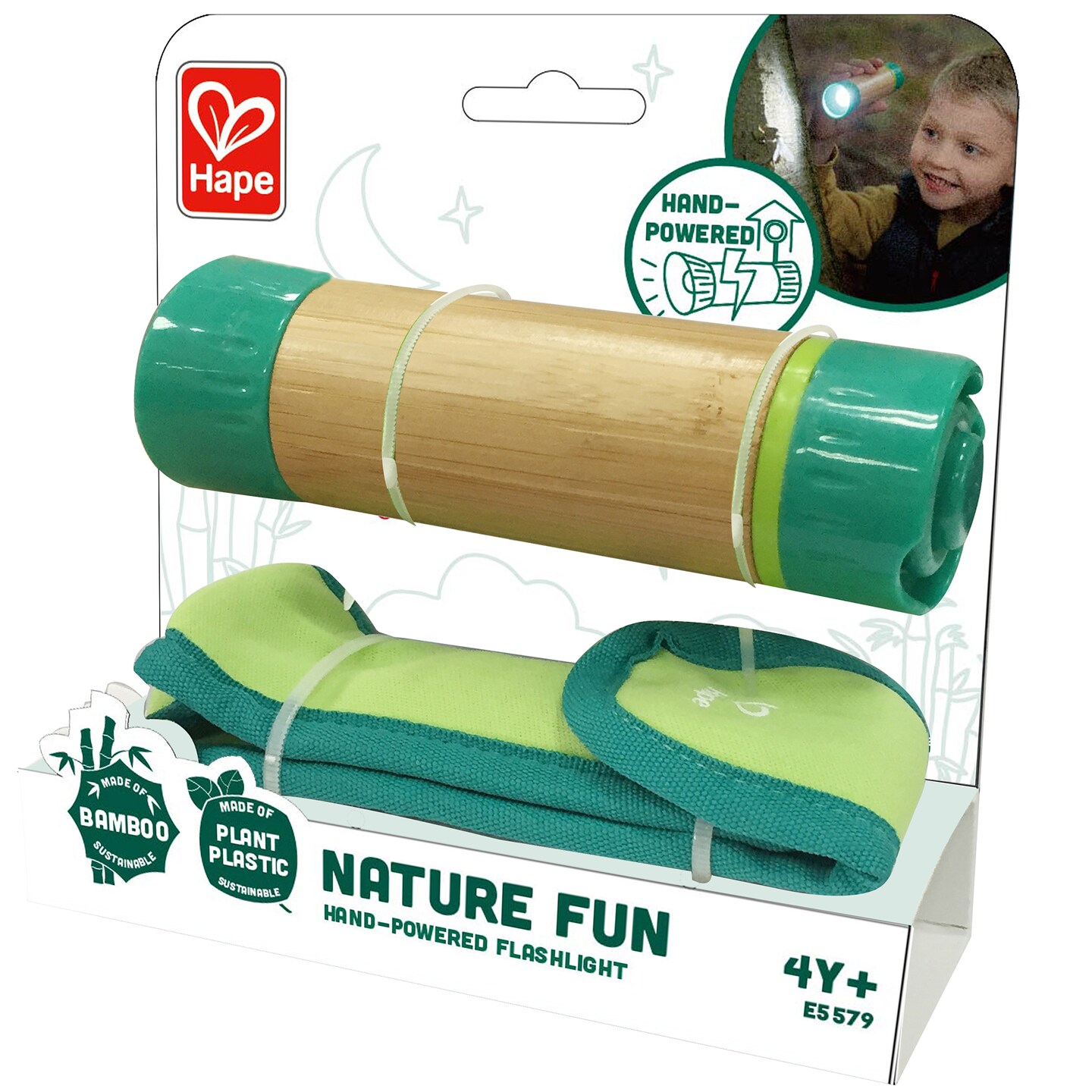 Hape: Nature Fun: Hand-Powered Flashlight - w/ Case, Bamboo, Kinetic Pull Cord Charge, Nature & Night Exploration Toy, Outdoor Play, Kids Ages 4+