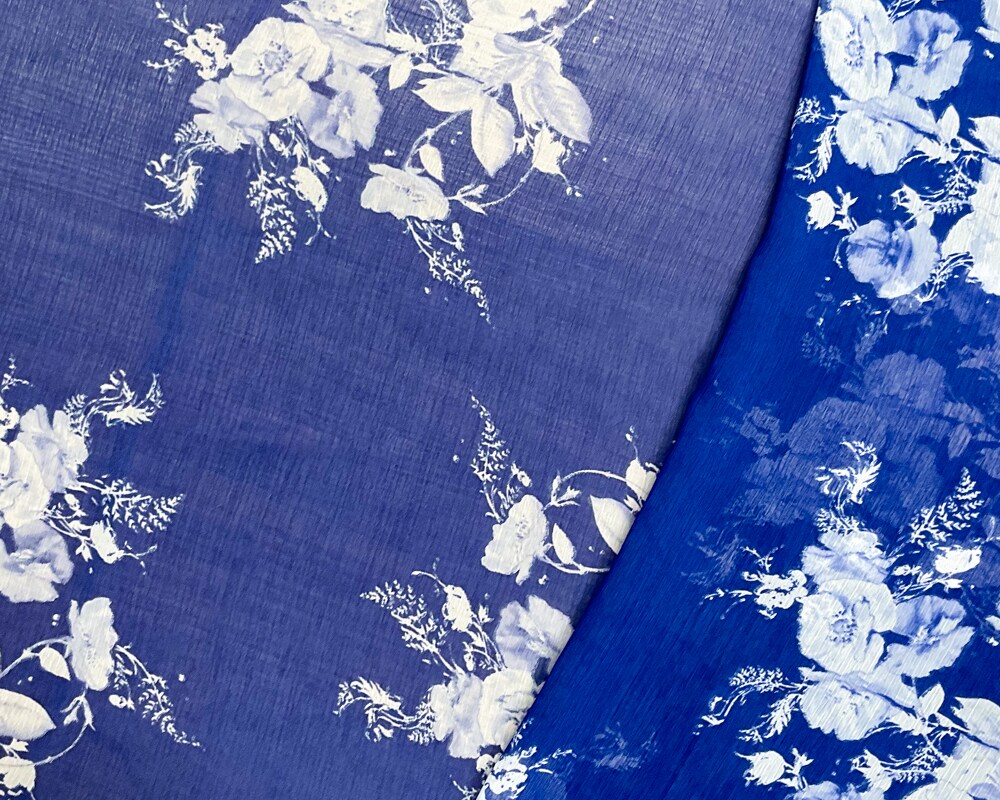 Blue-White Poly Floral Printed Chiffon Woven Fabric By the Yard