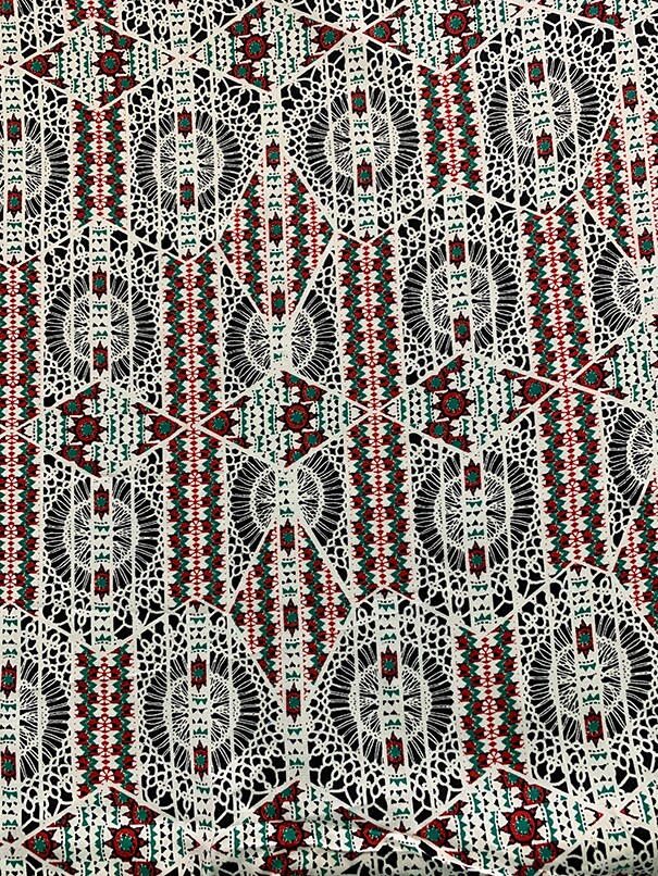 Red and Green Lace Look Print Rayon Challis Fabric By the Yard