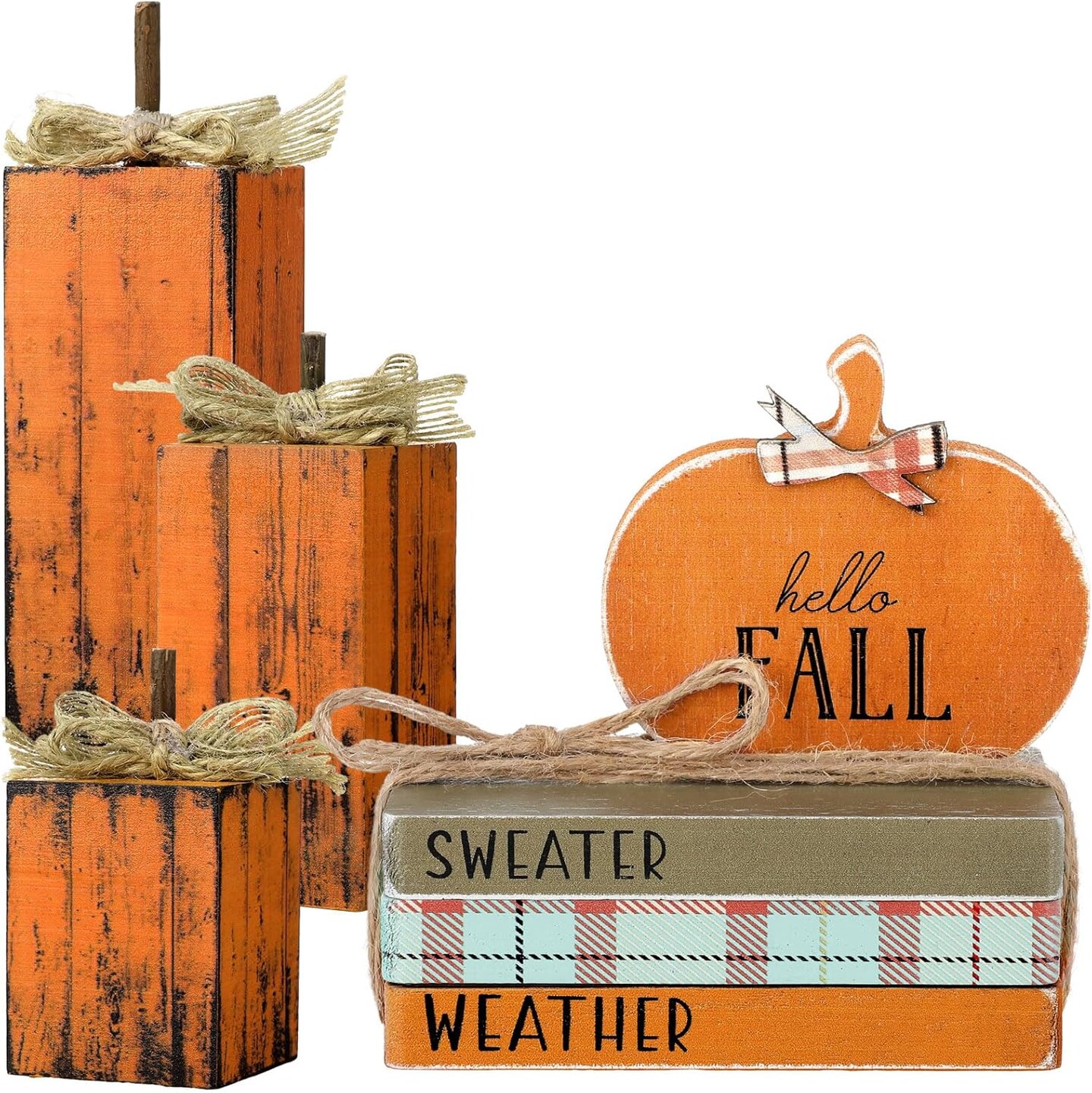 7-Piece Thanksgiving Wooden Harvest Decor Set – Retro Stacked Books, Pumpkin Block Signs & Table Centerpiece Bundle for Tiered Tray, Shelf, Office, Party & Fall Home Decoration