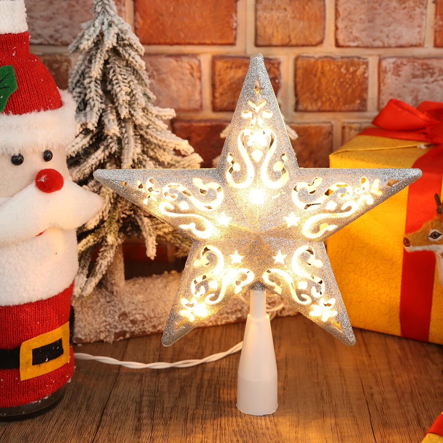 Star Christmas Tree Topper, 8&#x22; Glittered Hollow-Out Tree top Star