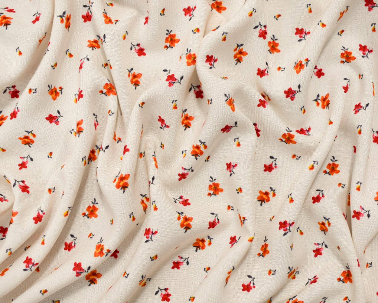 White-Orange-Multi Rayon Ditsy Floral Printed Challis Woven Fabric By the Yard