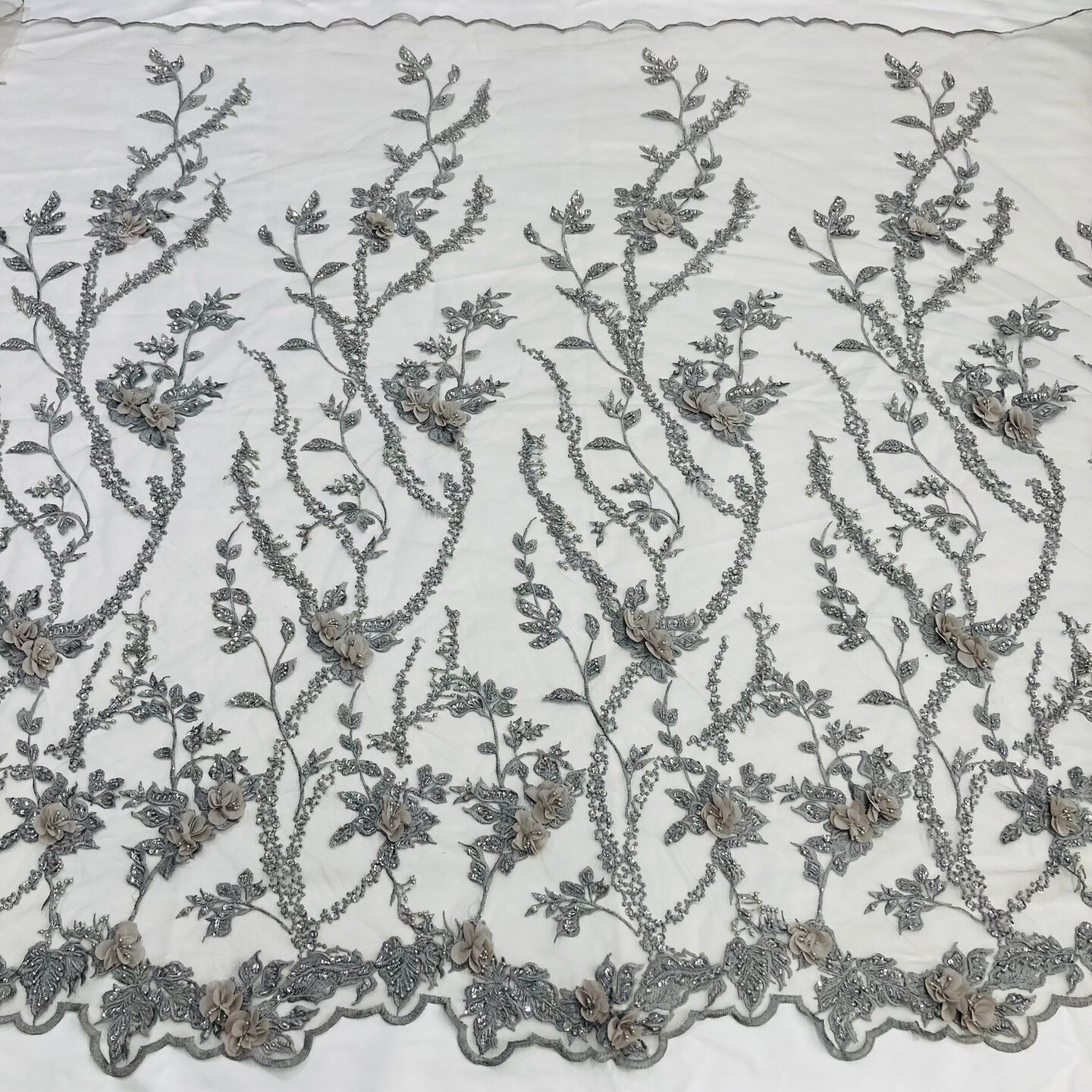 1 Yard Beaded 3D Floral Lace Fabric Embroidered on Premium Polyester Mesh 48 Inches Width