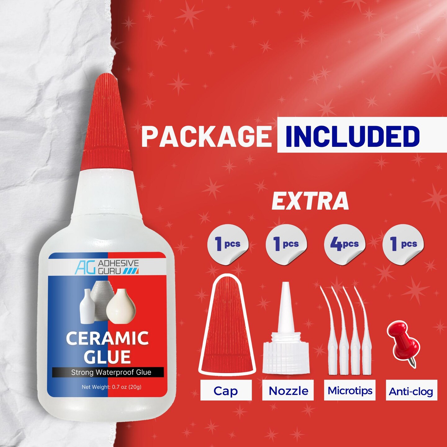 ADHESIVE GURU Ceramic Repair Kit, AG Ceramic Glue 0.7 oz. &#x26; Activator Spray 3.38 fl oz. Set, Fast-Drying Adhesive Set for Porcelain, Pottery, Crafts