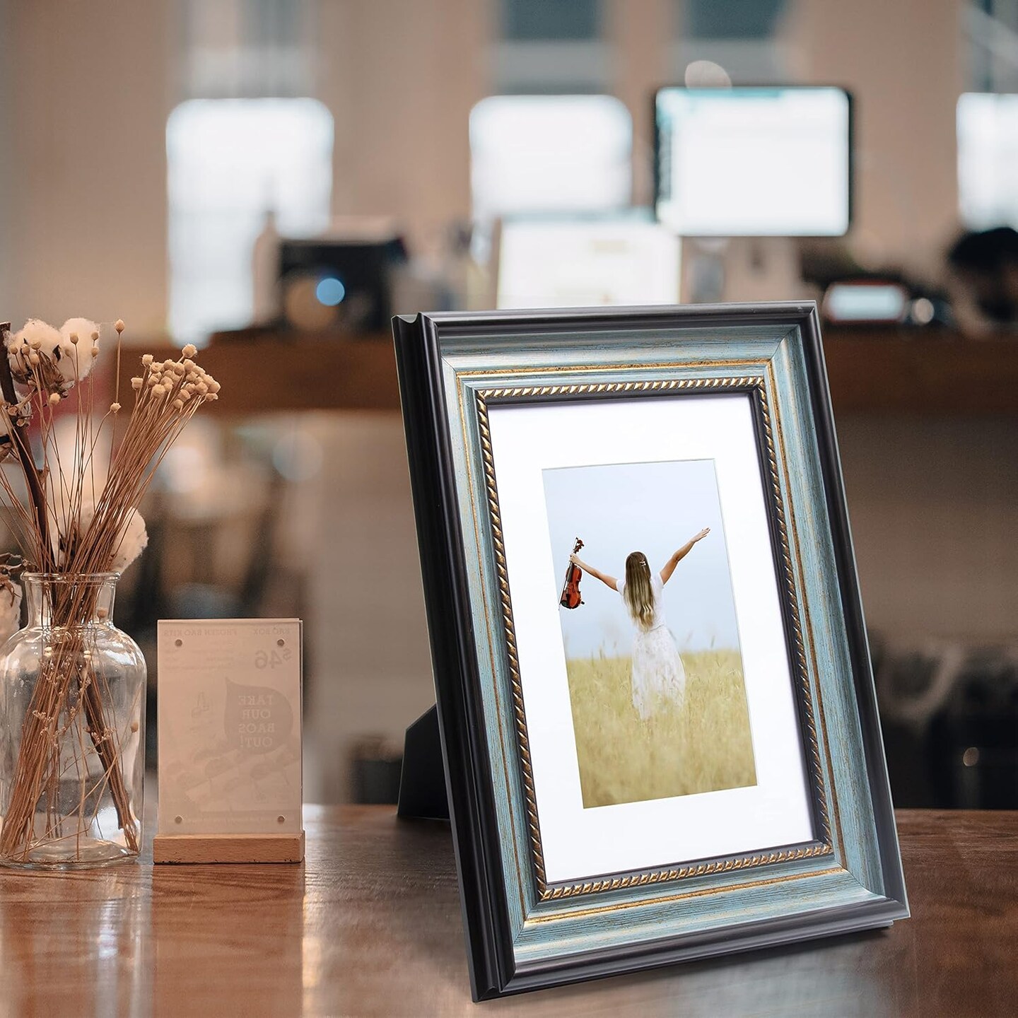 5x7 Picture Photo Frame 1 Pack Antique with Matted for 4X6 Peacock Blue Color Plastic