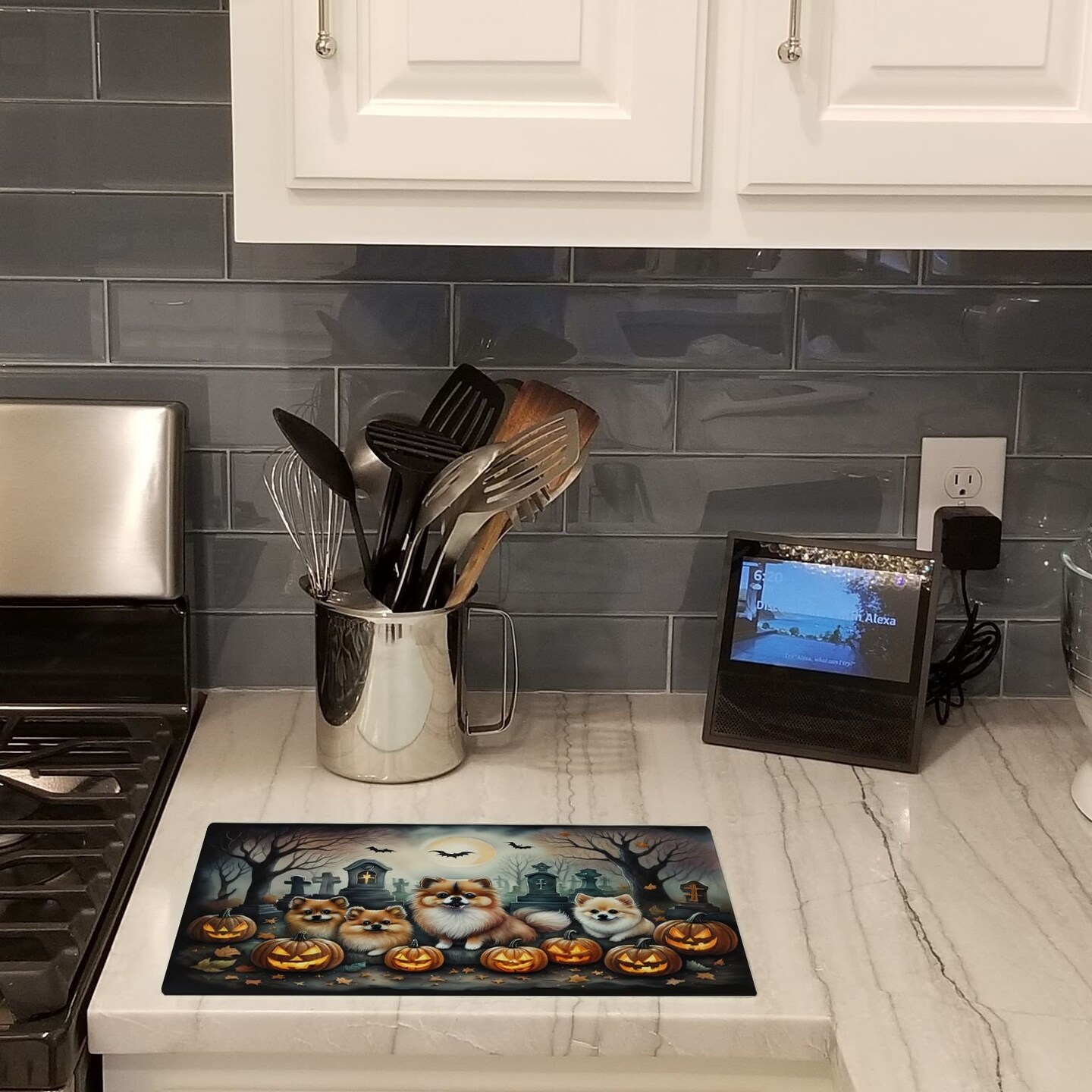 Edge Collections - 15" x 12" - Multicolor - Pomeranian Spooky Halloween Decorative Glass Cutting Board - 1 Piece